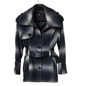 Miss Sixty M60 Wool Blend Belted Double Breasted Plaid Coat Womens Size Medium